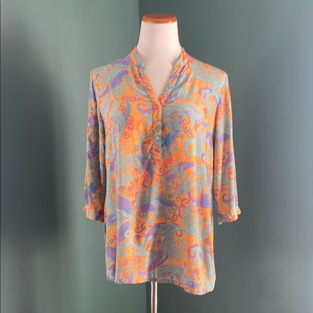 100% silk vintage 70s Christina blouse, 3/4 Sleeve with Mandarin Collar - Picture 3 of 7